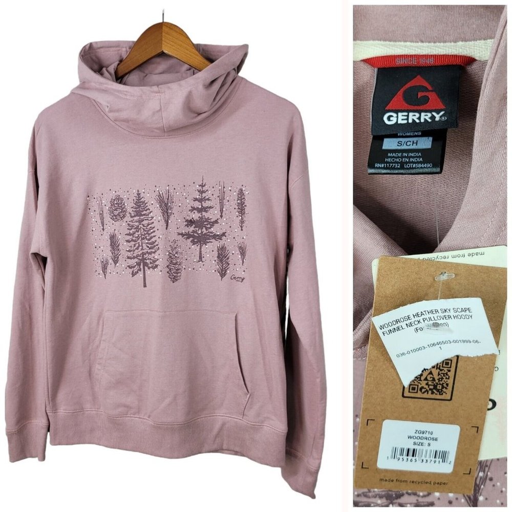 New Gerry Pullover Sweatshirt size Small Funnel Collar Hooded Trees Pinecone
